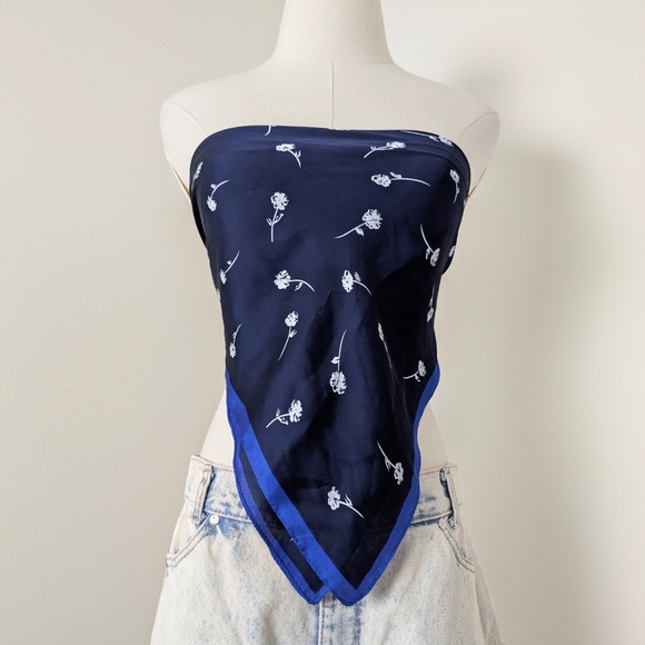 Navy Floral Square Scarf Silk Vintage Sheer Blue Trim Lightweight - Picture 3 of 11